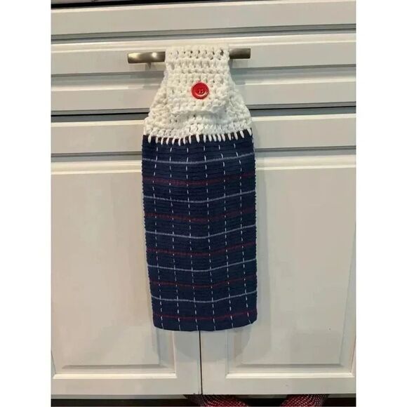 Crochet Top Kitchen Towel- Blue towel with red/white stripes - Picture 1 of 2
